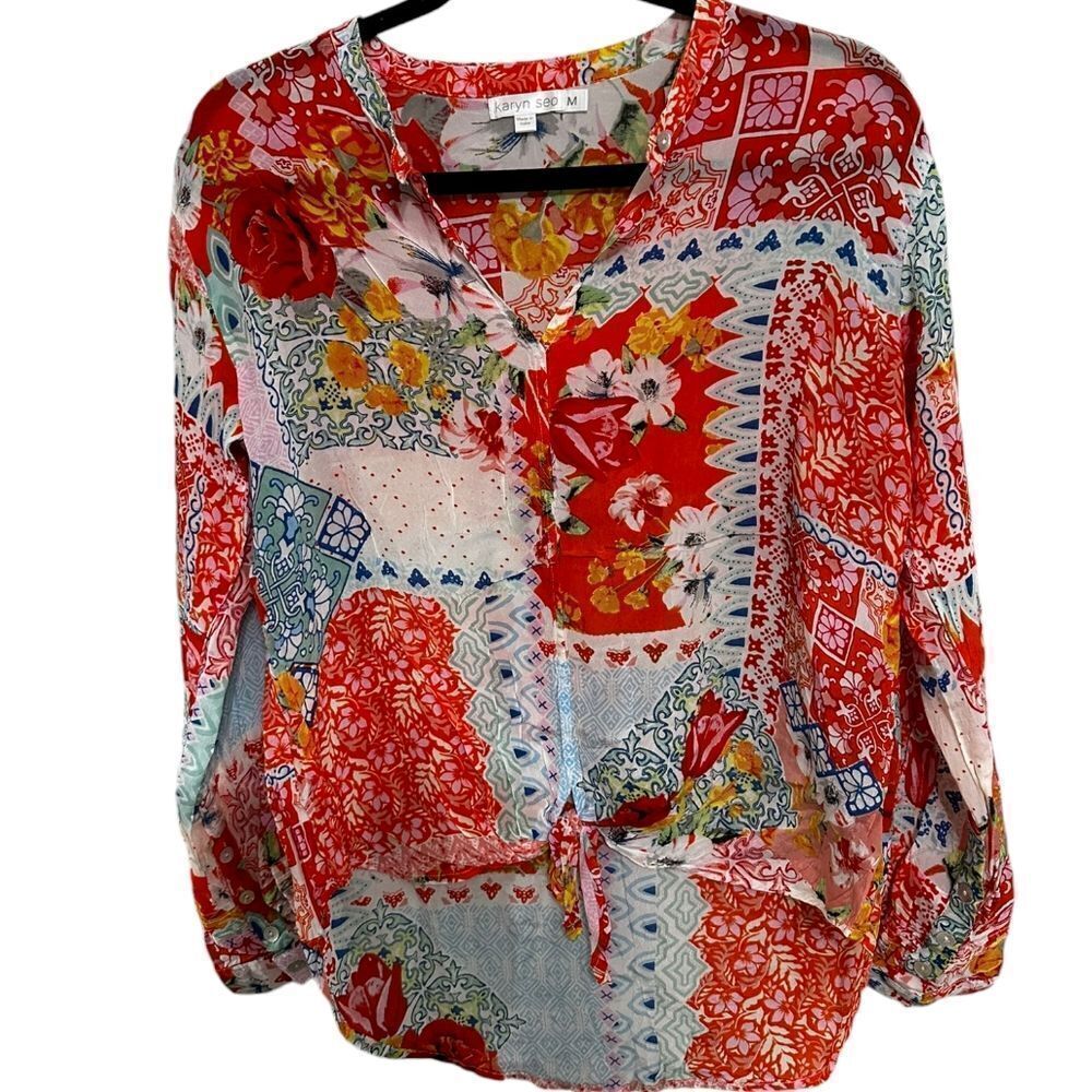 Karyn Seo thin lightweight patchwork multicolor tie front top M